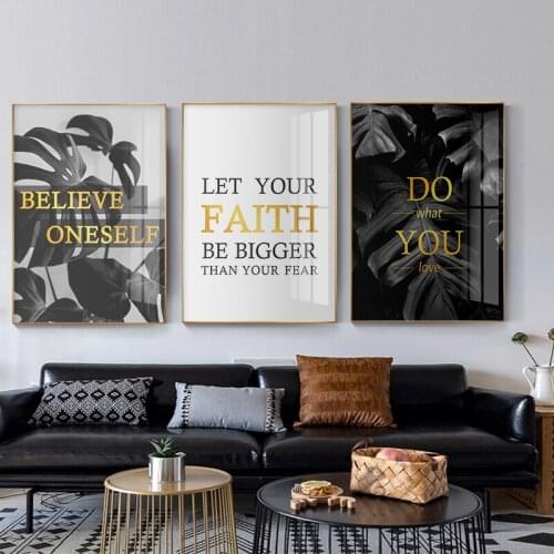 Modern Simple Poster Black Monstera Leaf Golden Quote Art Print Canvas Painting Nordic Wall Pictures for Living Room Home Decor