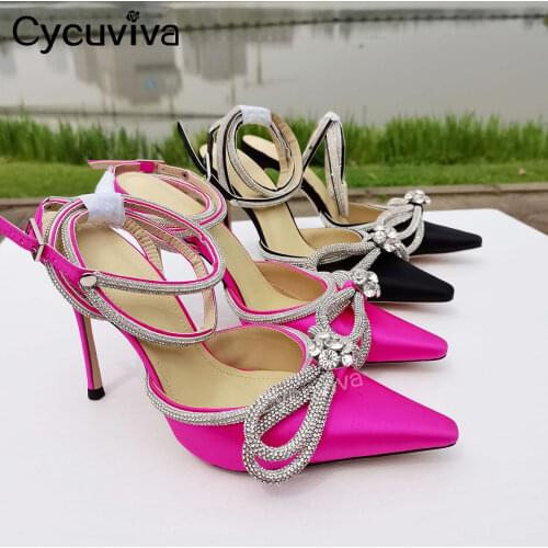 Sexy Pink Silk Crystal High Heels Shoes Woman Rhinestone Bowknot Women Pumps Pointy Toe Dress Party Bride Shoes For Women