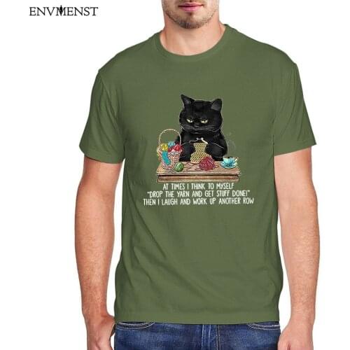 Funny Black Cat Mens Shirt Crocheting At Times I Think To Myself Drop The Yarn And Get Stuff Done Graphic Tees Unisex T-Shirt