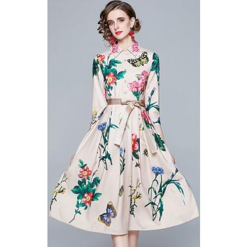 Women Dress Spring Summer 2021 New Fashion Elegant Ladies Floral Flowers Printing Belt Pleated Slim A-Line Long Dress