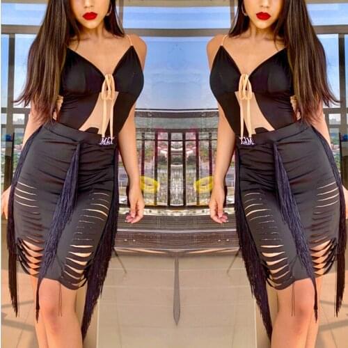 2020 Women Latin Dance Black Tops/Skirts Leak Arrow Tassel Tango Skirt Practice Modern Dancing Show Wear Latin Dance Dress BI932