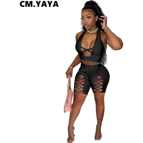 CM.YAYA Women Set Solid Sleeveless Halter Crop Tops Hollow Out Stretchy Shorts Two 2 Piece Sets Sexy Tracksuit Summer Outfits