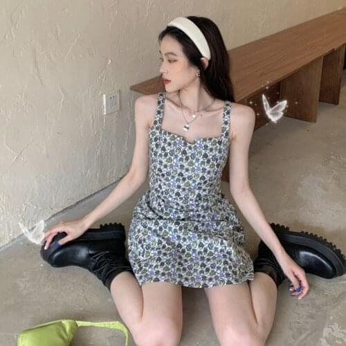 Womens Flower Base Dress with Square Collar and Irregular Broken Flower Suspender Skirt