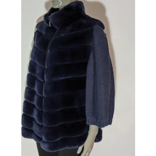 Womens Winter Autumn Real Rex Rabbit Natural Fur Navy Blue Coats New Fashion Elegant Zipper Comfortable Outerwear Jacket