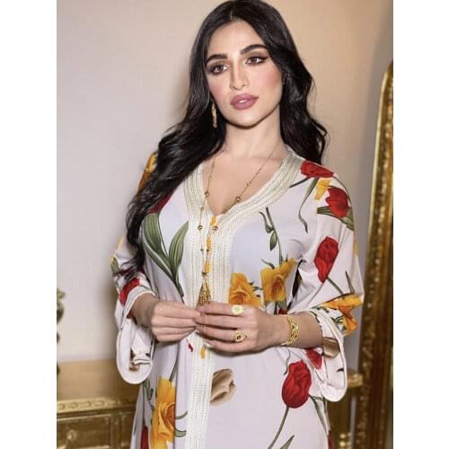 Women Dubai Jalabiya Dress Floral Print Braided Trim Muslim Fashion Hijab Dress Ethnic Arab Abaya Caftan Morocco Oman Party Eid