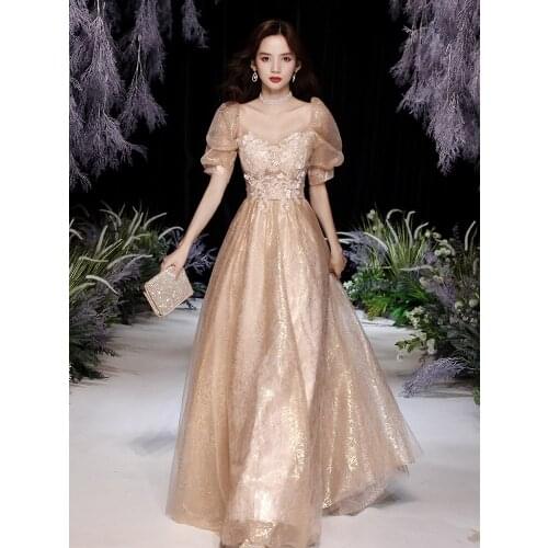 Puff Sleeve Annual Party Evening Dress Female High-end Banquet Temperament Fairy Champagne Color Noble Birthday Prom Dress A120