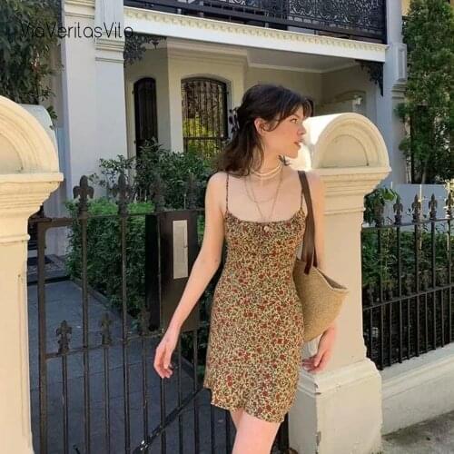 New Vintage Woman Dress Summer 2021 Spaghetti Strap Floral Party Dress High Waisted Sundress Korean Y2K Dresses Vestidos Mujer