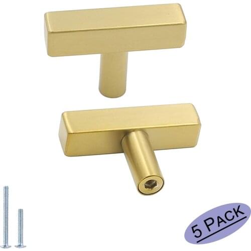 Gold Cabinet Pulls Kitchen Hardware Drawer Knobs Brushed Brass Square T Bar Cabinet Knobs Cupboard Door Handles Furniture Pulls