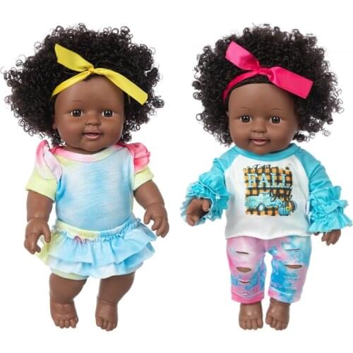 12Inch Cute Curly Newborn Dolls Realistic Looking Black Skin Indian African Baby Doll Toy with Clothes Outfits and Hairband