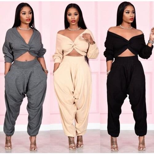 35H6212 Autumn Winter Women Fashion Sexy Navel Loose Solid Two Piece Set Top and Pants Tracksuit Sweatsuit Outfits Hot 2020