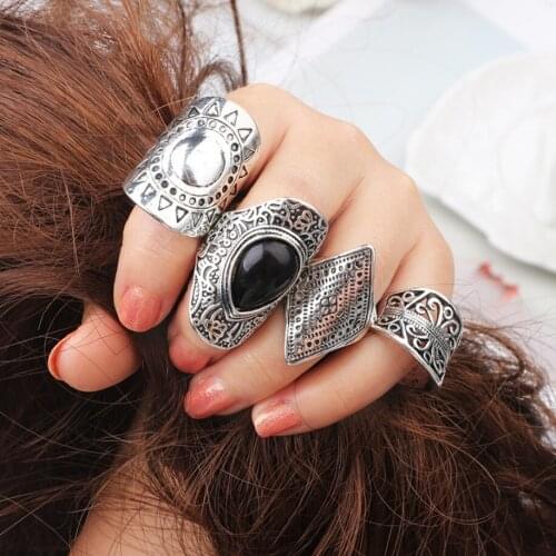 4pcs/set Engraved Pattern Antique Alloy Rings