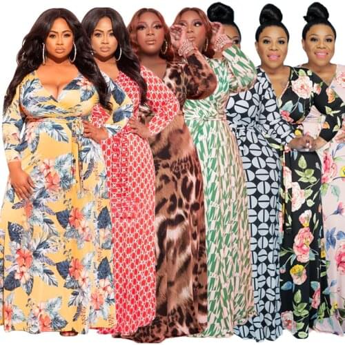 African Dresses For Women Autumn New Fashion Dashiki Sexy Deep V-Neck Slim Maxi Dress Printed Bohemian Dress Elegant Lady Robe