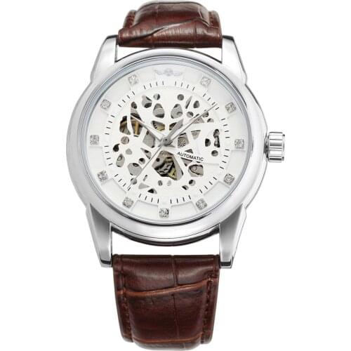WINNER WATCH fully silver color surface dense flower pattern brown leather strap mens automatic watch