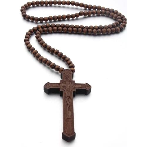 Cross Jesus Wood Necklace Pendant for Men Woman Wooden Beads Carved Long Rosary Catholic Necklaces Male Jewelry