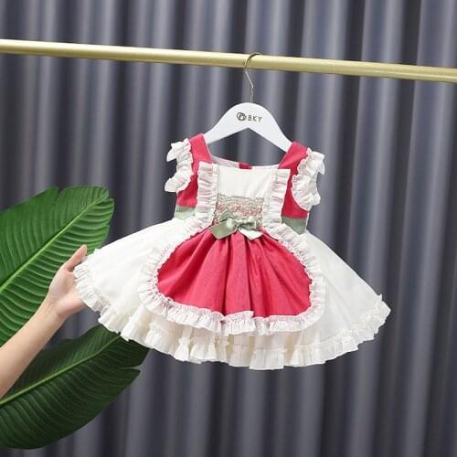 Summer Girls Lolita Sweet Bow Princess Flora Dress Children Baby Infants Short Sleeve Lace Dresses Kids