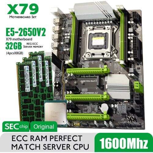 Atermiter X79T X79 Turbo Motherboard LGA2011 ATX Combos E5 2650 V2 CPU 4pcs x 8GB = 32GB DDR3 RAM 1600Mhz PC3 12800R M.2