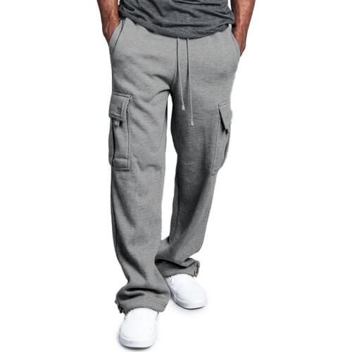 Men Solid Color Multi Pockets Trousers Drawstring Loose Sports Straight Pants