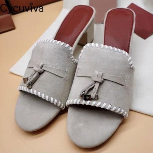 Summer Kid Suede Slippers Women Chunky Heels Slides Ladies Mules Metal Decor Casual Dress Shoes High Heel Woman Slippers
