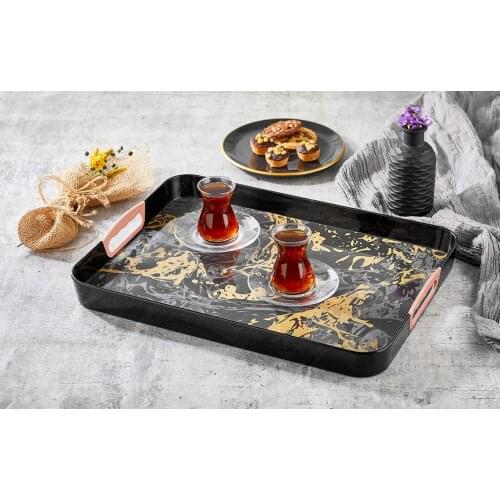 Rectangular Printed Tray Tea Coffee Kitchen Patterned Presentation Set Copper Coated Handle Black White Gray Color Easy to Carry