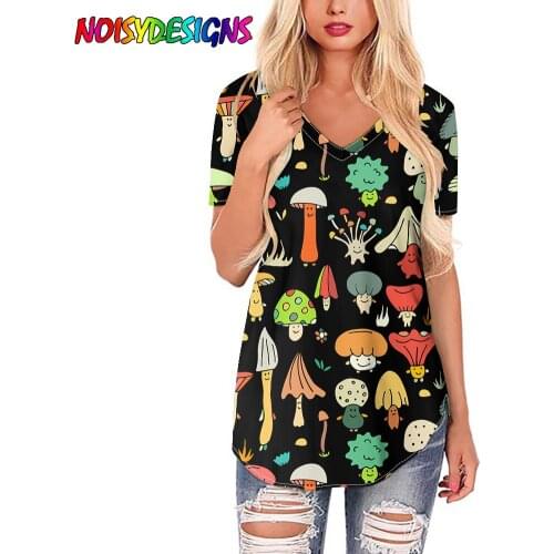NOISYDESIGNS Women T Shirts Cartoon Mushrooms Print Black T-shirt Women Summer Short Sleeve Tee Shirt Harajuku T-shirt Female