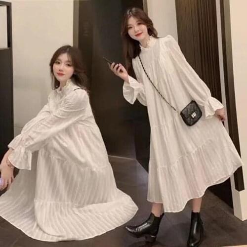 New Spring Autumn Fashion Elegant Loose Straight Dress Women Patchwork Solid Color Dresses Long Sleeve White Dresses Slim