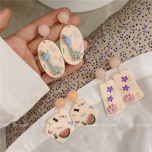 New Cute Earrings Acrylic Flower Animal Fruit Painting Dangle Earrings For Women Fashion Jewelry Geometric Colorful Hoop Earings