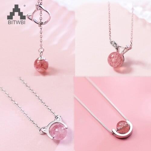 High Quality Strawberry Crystal Pendant Necklace 925 Sterling Silver Fashion Cat Rabbit Short Necklaces Lovers Cute Gift