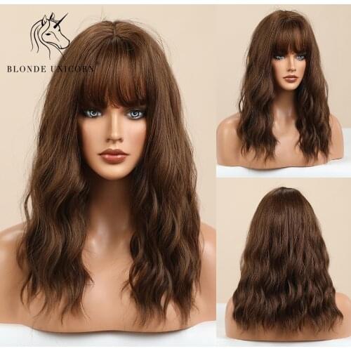 Blonde Unicorn Long Water Wave Synthetic Wig Ombre Light Brown False Hair Wigs with Bangs Daily Cosplay False Hair Wig for Women