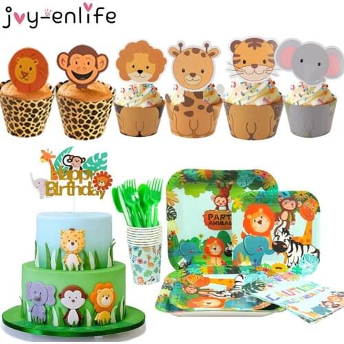 Joy-Enlife Boy Birthday Cake Decor Zoo Monkey Lion Jungle Party Cake Toppers Safari Theme Cupcake Wrapper Cake Flag Decor