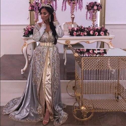 Luxury Beaded Crystal Appliques Moroccan Kaftan Dubai Evening Dresses Adult Muslim Saudi Algerian Long Formal Dress Prom Gown