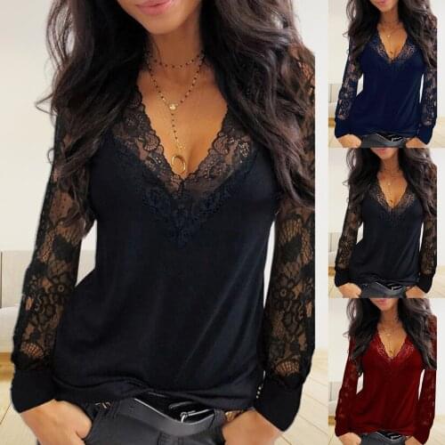 Sexy Women Deep V Neck Pullover Sexy Tops Blouse Lace Trim See Through Chiffon Casual Blouse Top Long Sleeve T-shirt Blouse Top