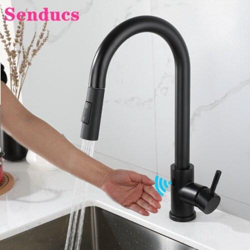 Sensor Kitchen Faucets Senducs Sensor Activated Hands-free Kitchen Tap Matte Black Pull Out Touchless Senson Kitchen Mixer Taps