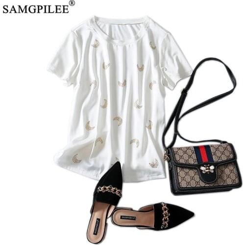 2020 Women Summer Clothing T-shirty Damskie Casual T-shirt Brand Women Broadcloth Short Sleeve Rivet O-neck Femme T-shirts 4xl