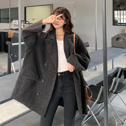 Autumn and Winter Womens Clothing Plus Size New Loose Woolen Coat Suit Jacket Female Fashion Trend Oversized Stripe Blazer y161