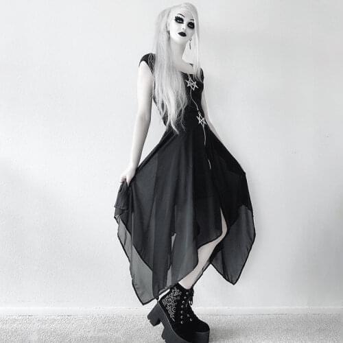 2021 New Women Summer Mesh Irregular Skirts Pentagram Zipper Black Punk Gothic Darkness Style Lady Loose Streetwear Party Skirts