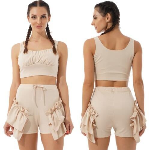 2Pcs Women Summer Suit U Neck Wide Straps Cropped Tops Elastic Waist Drawstring Ruffle Hem Adorned Shorts Set Commute Gym Sport