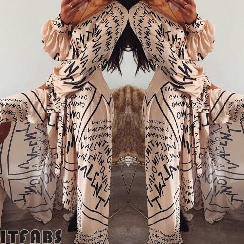 2020 Women Letter Print Boho V-neck Long Dress Slit Maxi Dress Spring And Autumn Dress Beach Robe Femme Vestidos De Verano