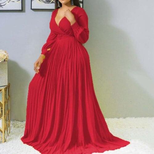 Maxi Dress Women Dress High Waist Deep V Plus Size Dress Sexy Party Pleate Long Sleeve Dresses Summer Robe