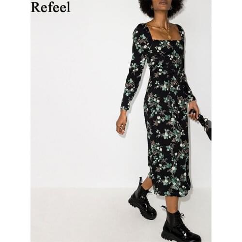 Spring Long Sleeve Women Midi Dress Vintage Green Leaf Floral Print Black Dress France Chiffon Vestido
