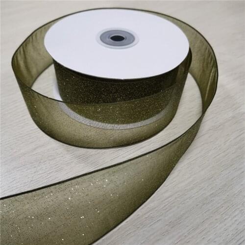 38mm X 25yards Sparkling Silver Glitter Moss Green Organza Ribbon Wired for Gift Bow Cake Wrap Tree Decoration N1045