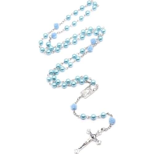 Rosary Necklace Jesus Christ Cross Pendant Glass Pearl Rose Necklace Long Chain for Women Girl Fashion Jewelry