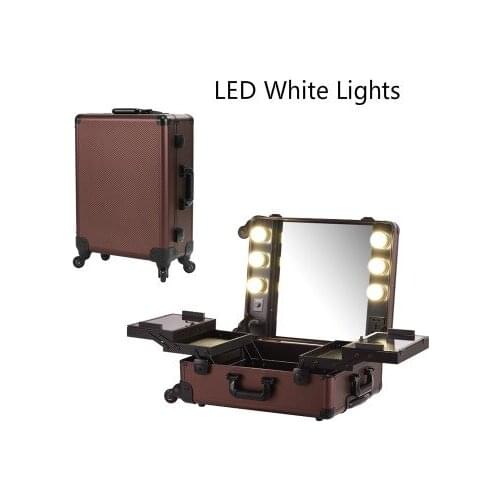 Coffee LED White Light Makeup Artist Train Case Professional 4-Wheels Carry-on Removable Rolling Makeup Case