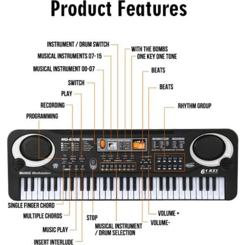 WXTF 61 Keys Electronic Organ Digital Piano Keyboard with Microphone Kids Children Music Toy