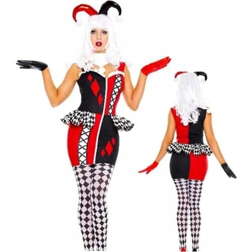 Circus Jester Naughty Harlequin Clown Costume Halloween Masquerade Broken Porcelain Doll Honey Joker Cosplay Dress