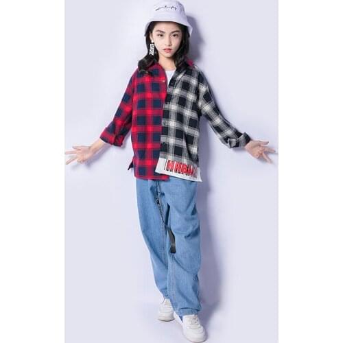 Hip Hop Costumes For Girls Stitching Plaid Shirt Jeans Boys Street Dance Clothing Kids Hiphop Stage Performing Clothes DNV10633