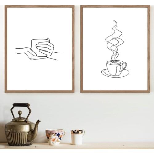 Coffee Cup Abstract Line Drawing Art Prints , Coffee Hands Nordic Minimalist Poster Canvas Painting Wall Pictures Kitchen Decor