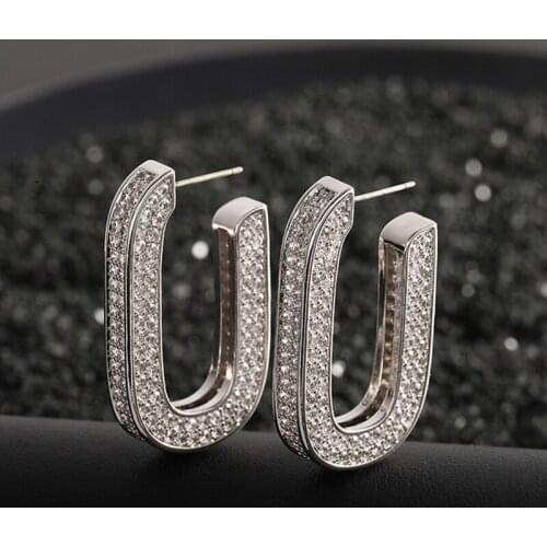 Geometric U Shape Hollow Large Thick Hoop Earrings Full Cubic Zirconia Copper S925 Pin Exaggerated Fashion Women Jewelry Luxur