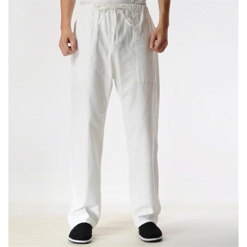 Mens Long Pants 100% Cotton Chinese Traditional Kung Fu Pants Wu Shu Tai Chi Elastic Waist Loose white Long Trousers new