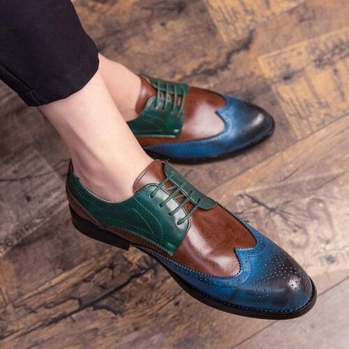 Full Brogue Men Casual Dress Shoes Blue Patchwork CONTRAST Color Oxford PU Leather Formal Shoes Party Gentleman British