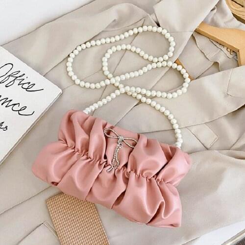 New Fashion PU Leather Solid Color Handbag Bow Cloud Style Pearl Chain Women Shoulder Bag Elegant Lady Crossbody Messenger Bag